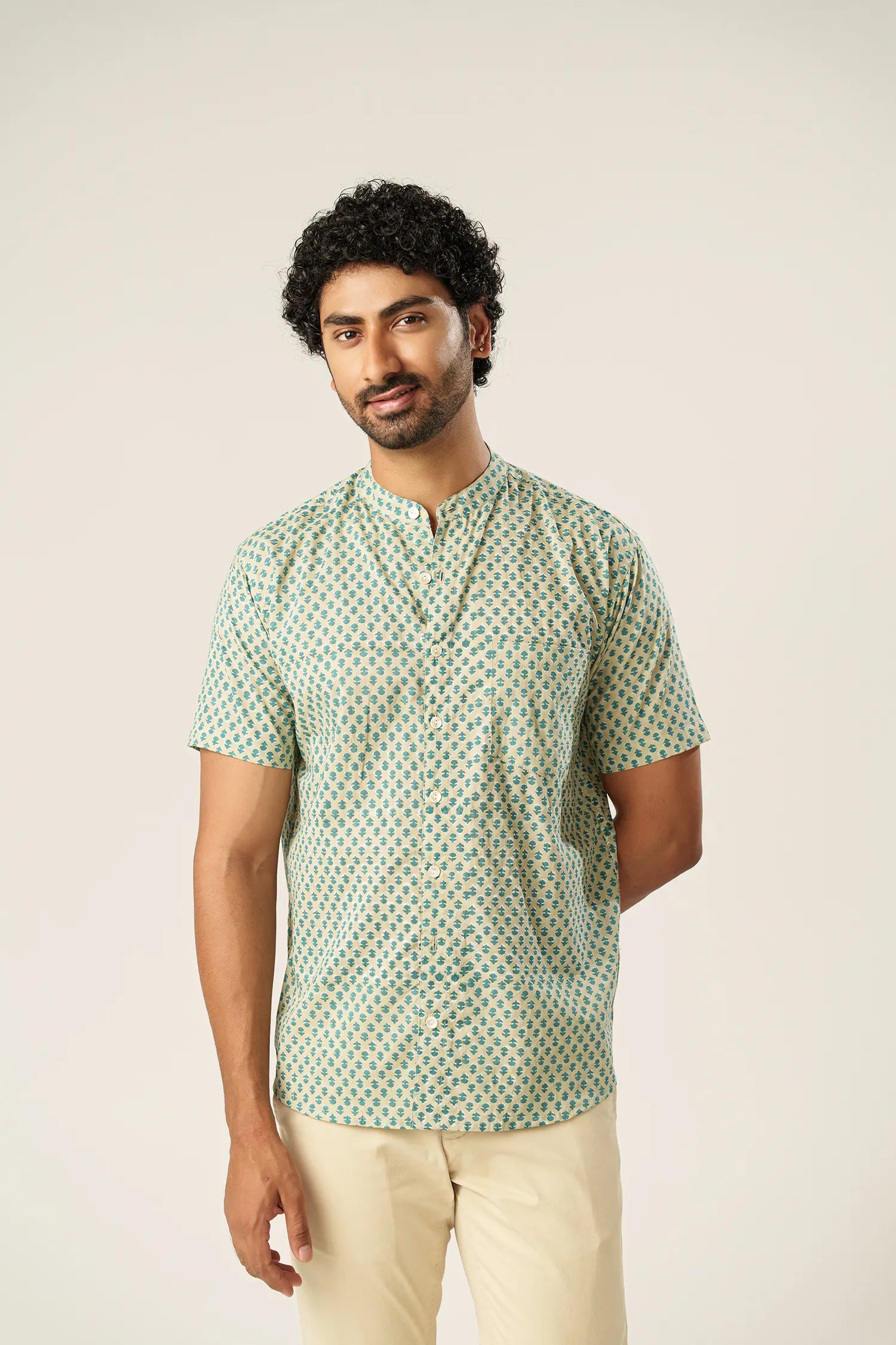 Men’s chinese collar half sleeves hand block printed shirt