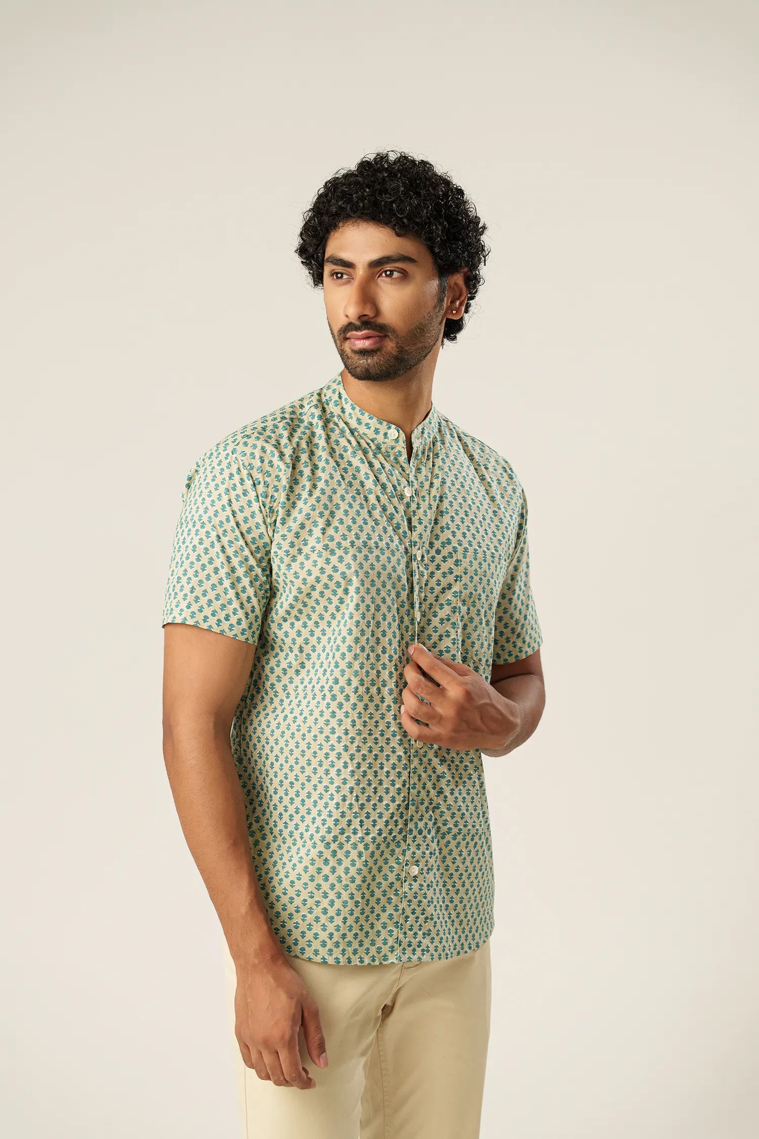 Men’s chinese collar half sleeves hand block printed shirt