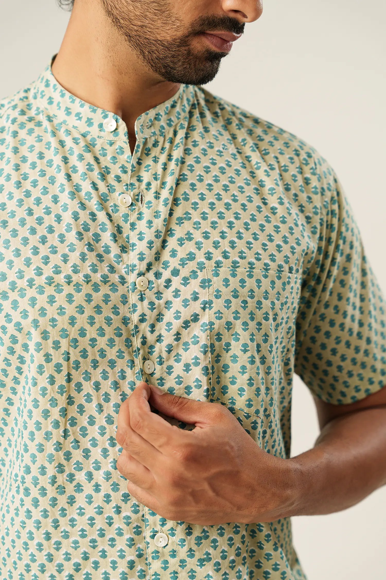 Men’s chinese collar half sleeves hand block printed shirt