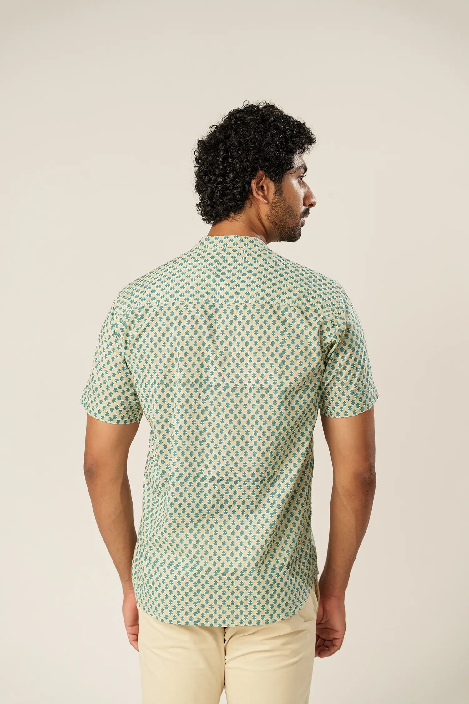 Men’s chinese collar half sleeves hand block printed shirt