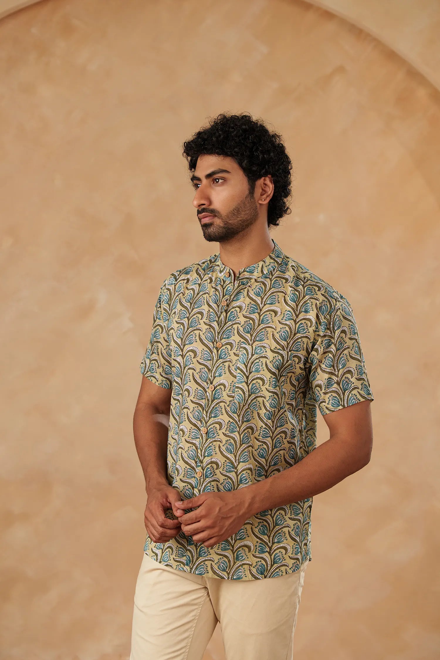 Men’s chinese collar half sleeves hand block printed shirt