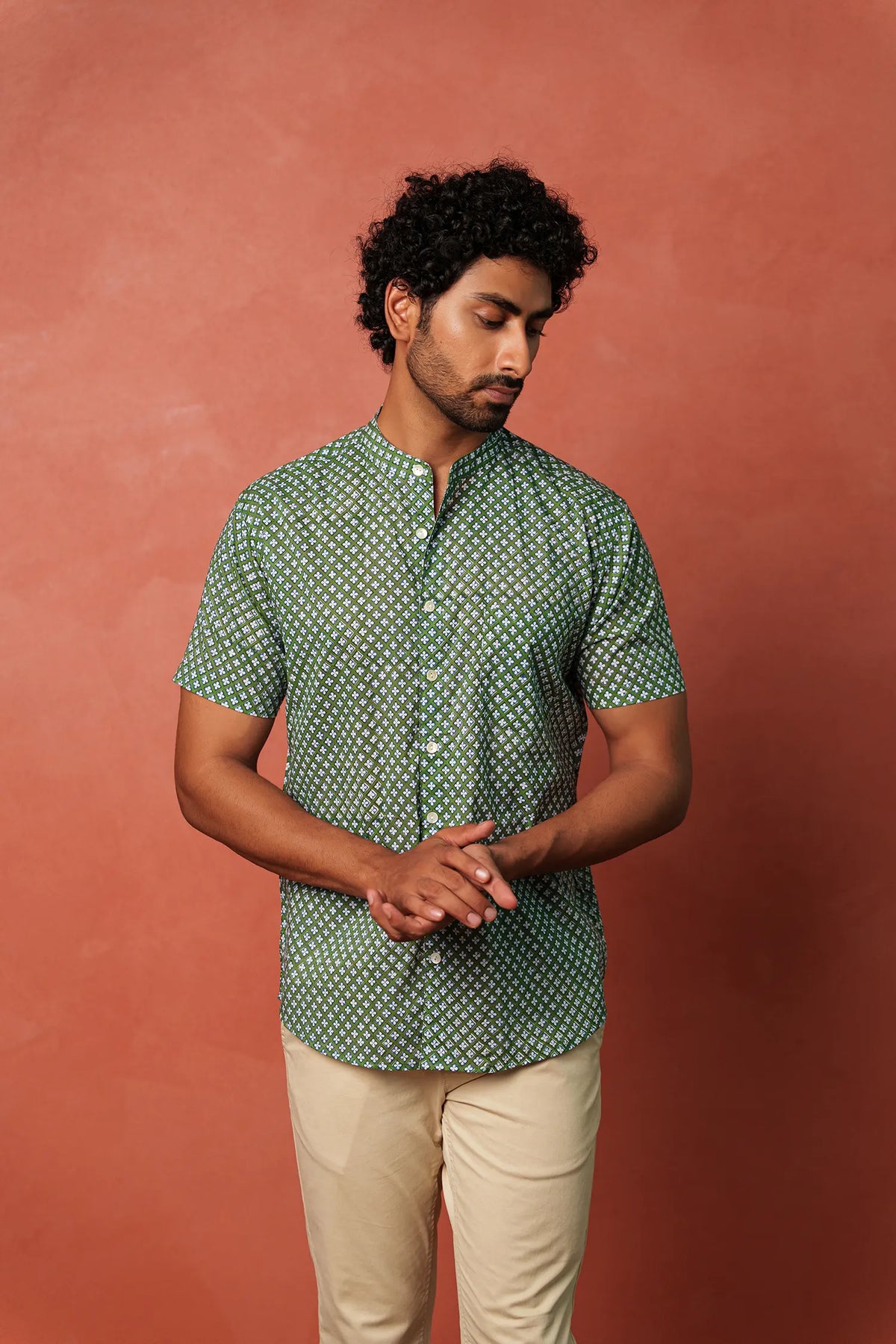 Men’s chinese collar half sleeves hand block printed shirt