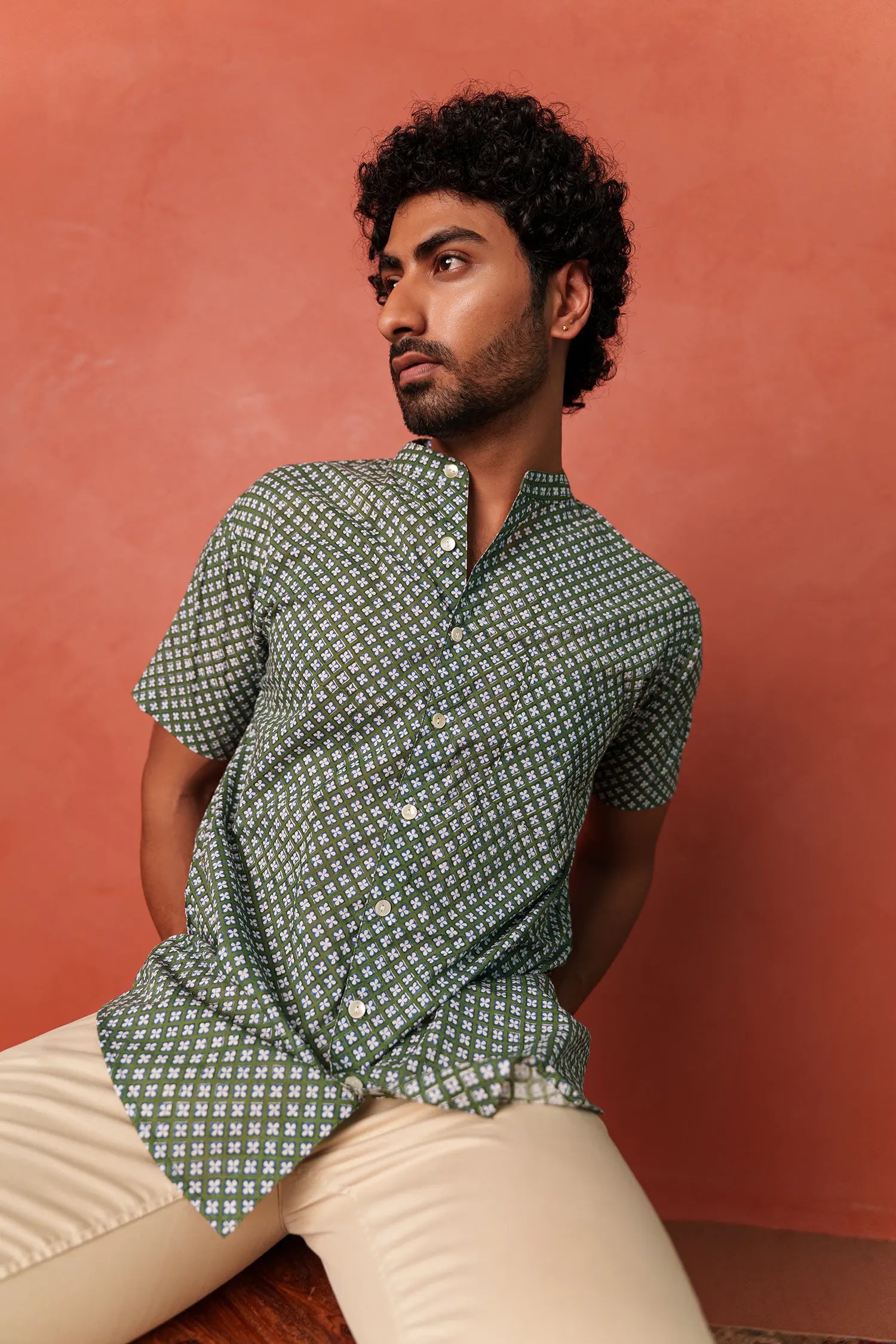 Men’s chinese collar half sleeves hand block printed shirt