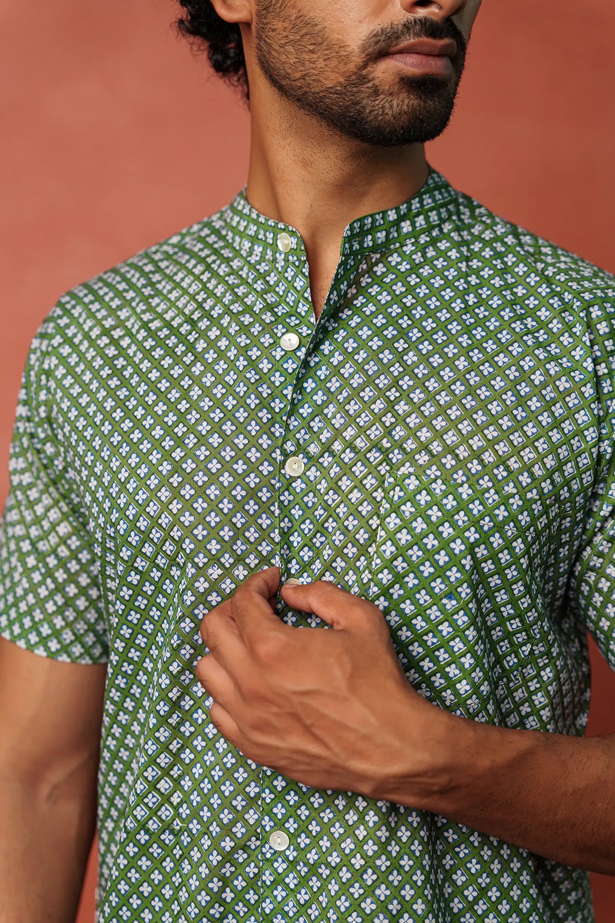 Men’s chinese collar half sleeves hand block printed shirt
