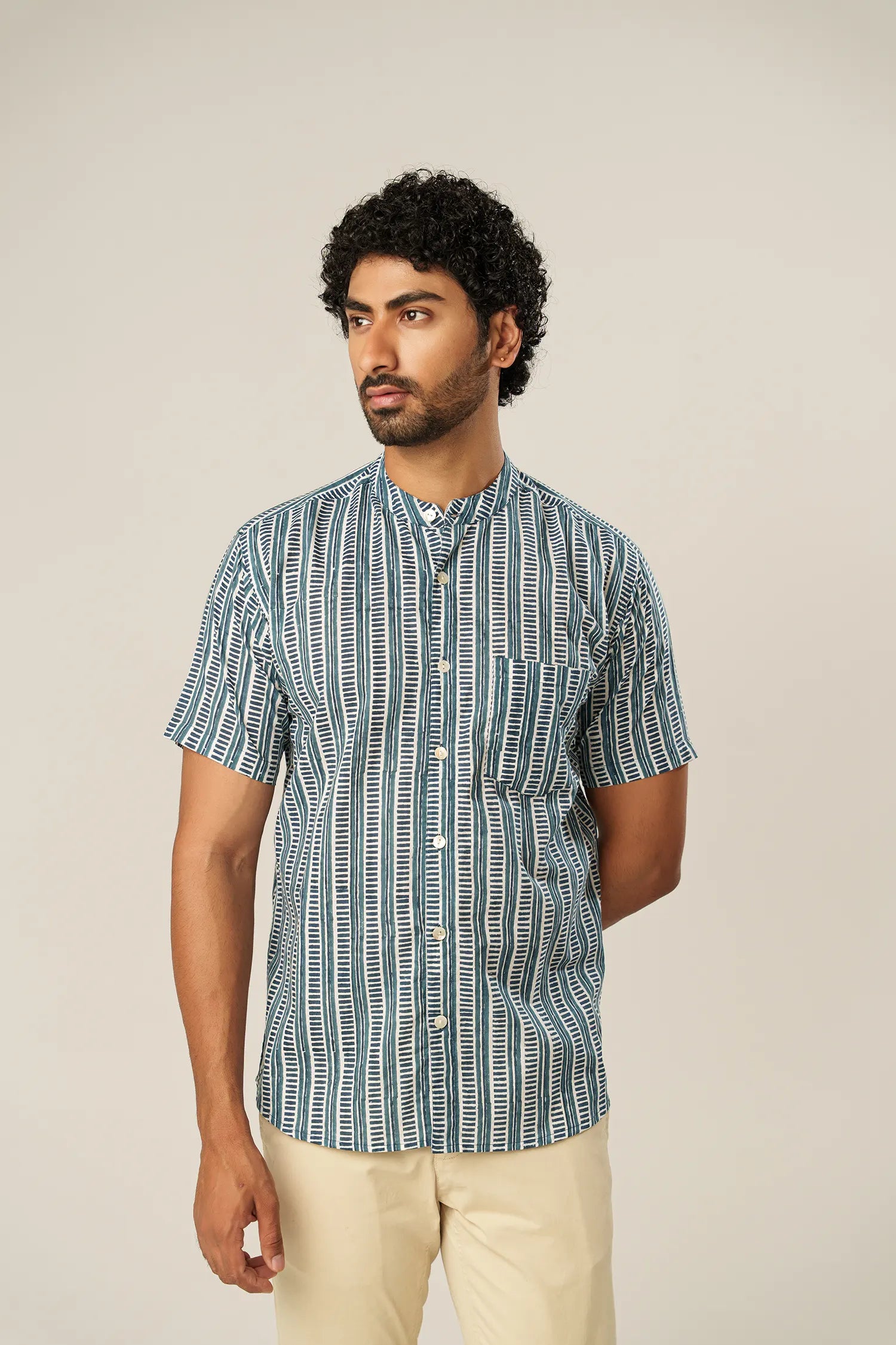 Men’s chinese collar half sleeves hand block printed shirt
