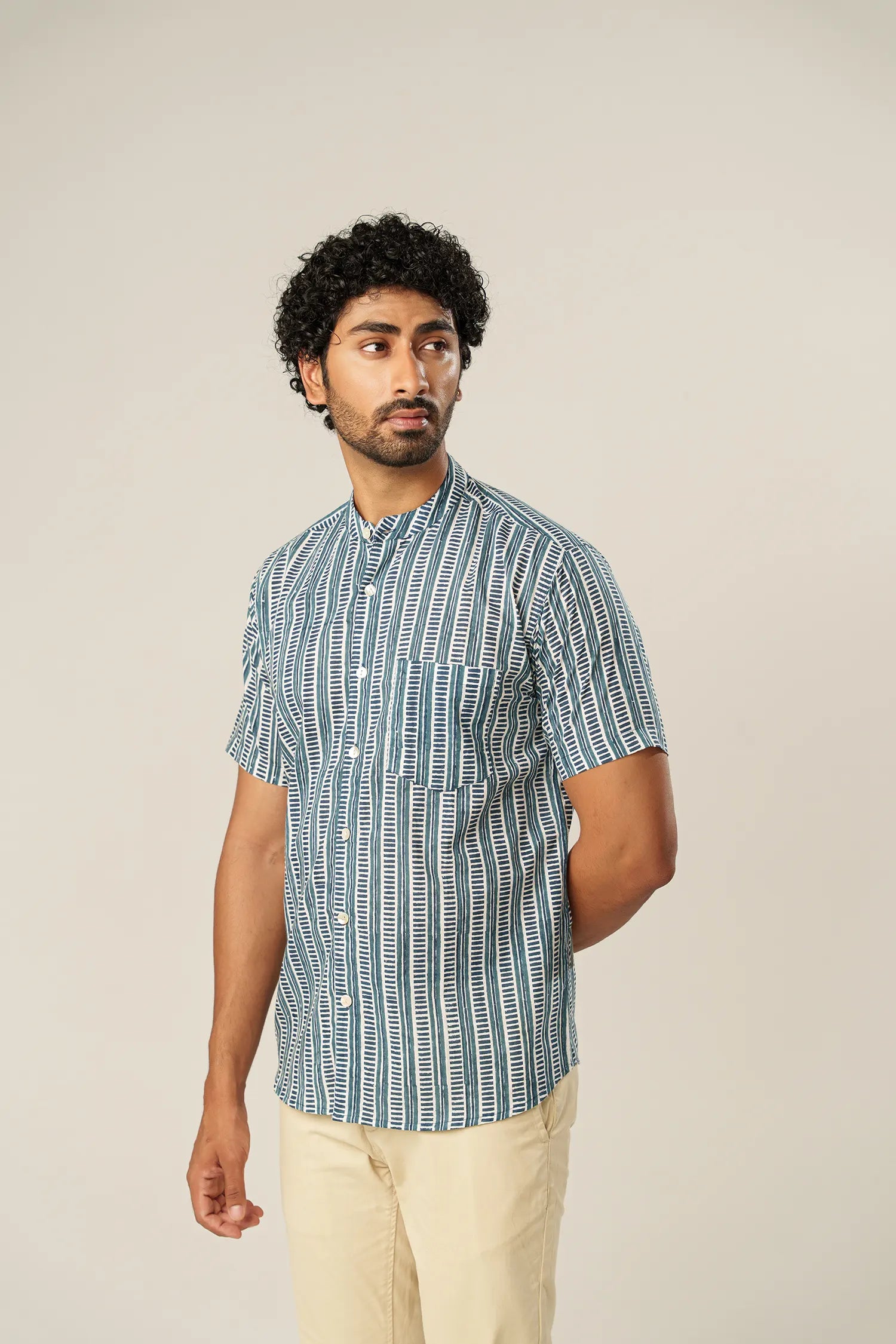 Men’s chinese collar half sleeves hand block printed shirt