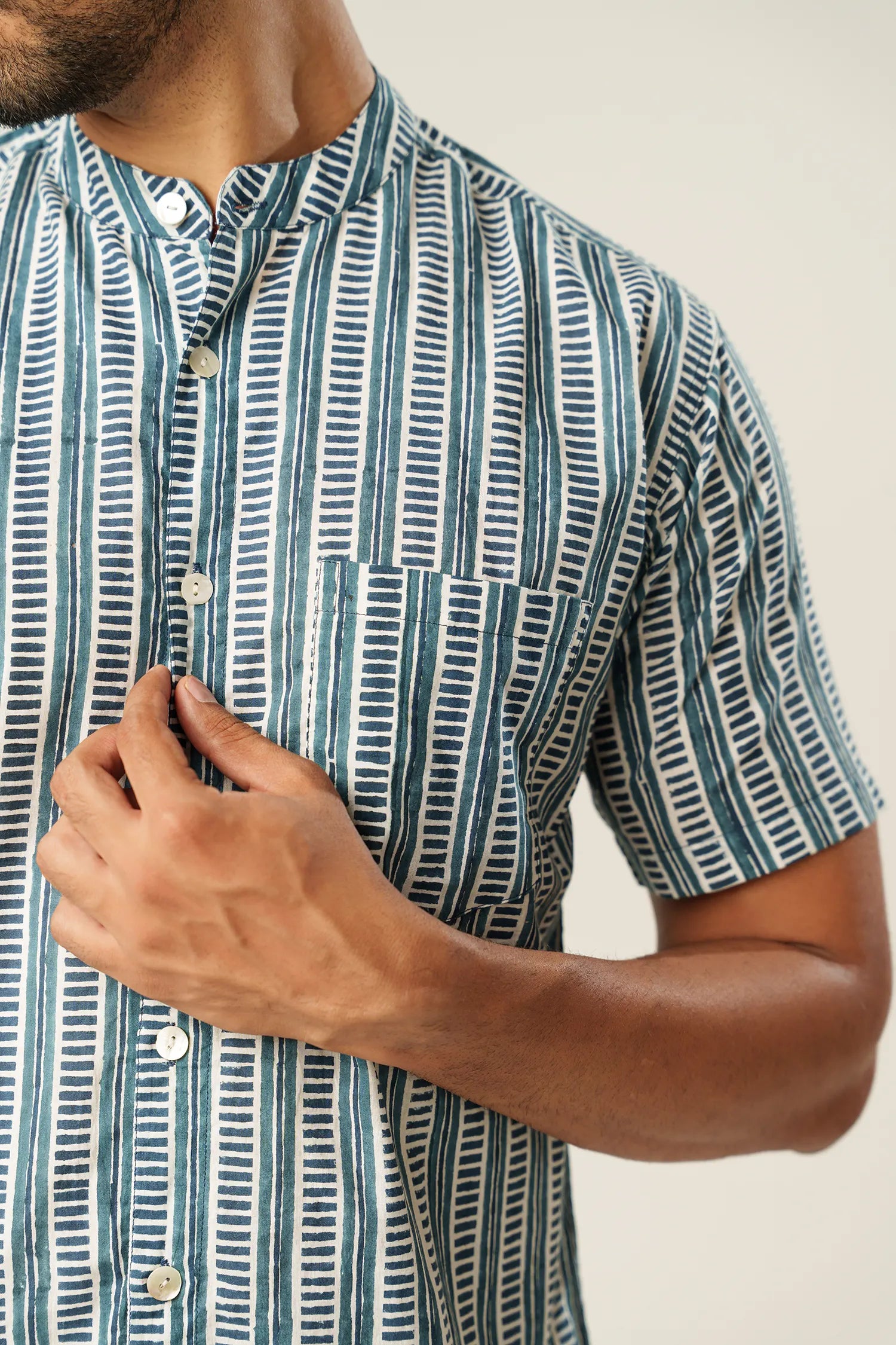 Men’s chinese collar half sleeves hand block printed shirt