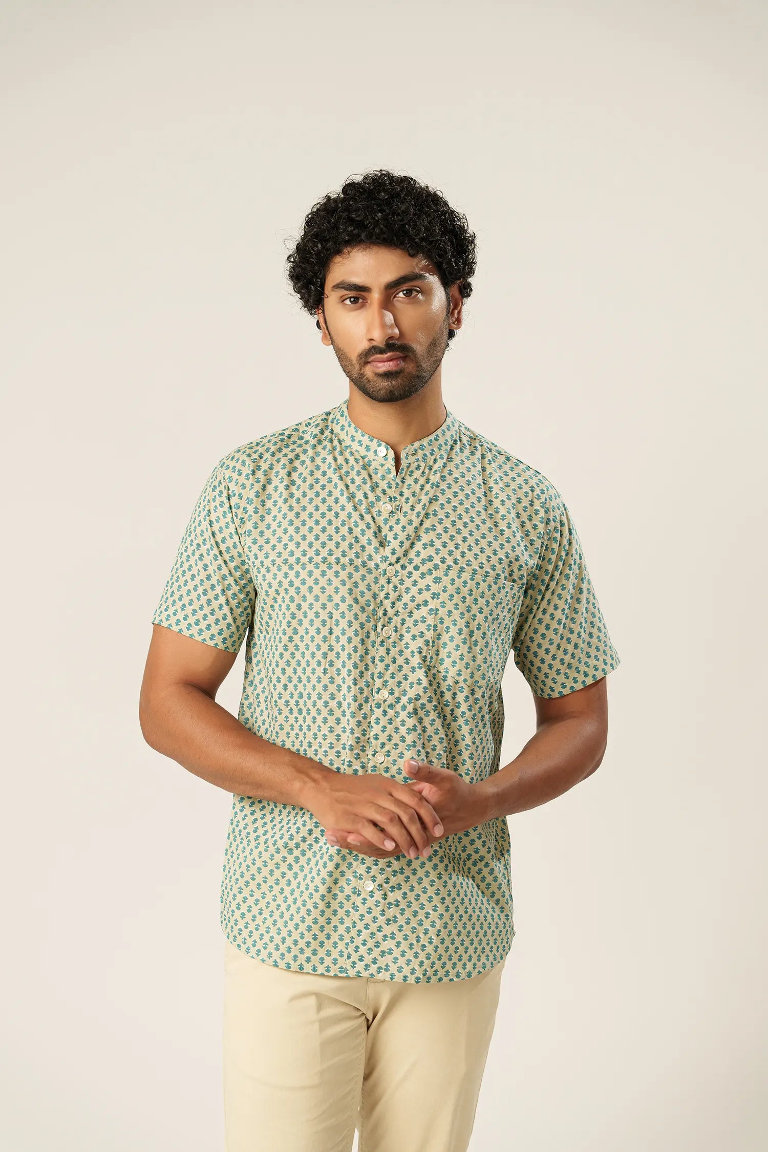 Men’s chinese collar half sleeves hand block printed shirt