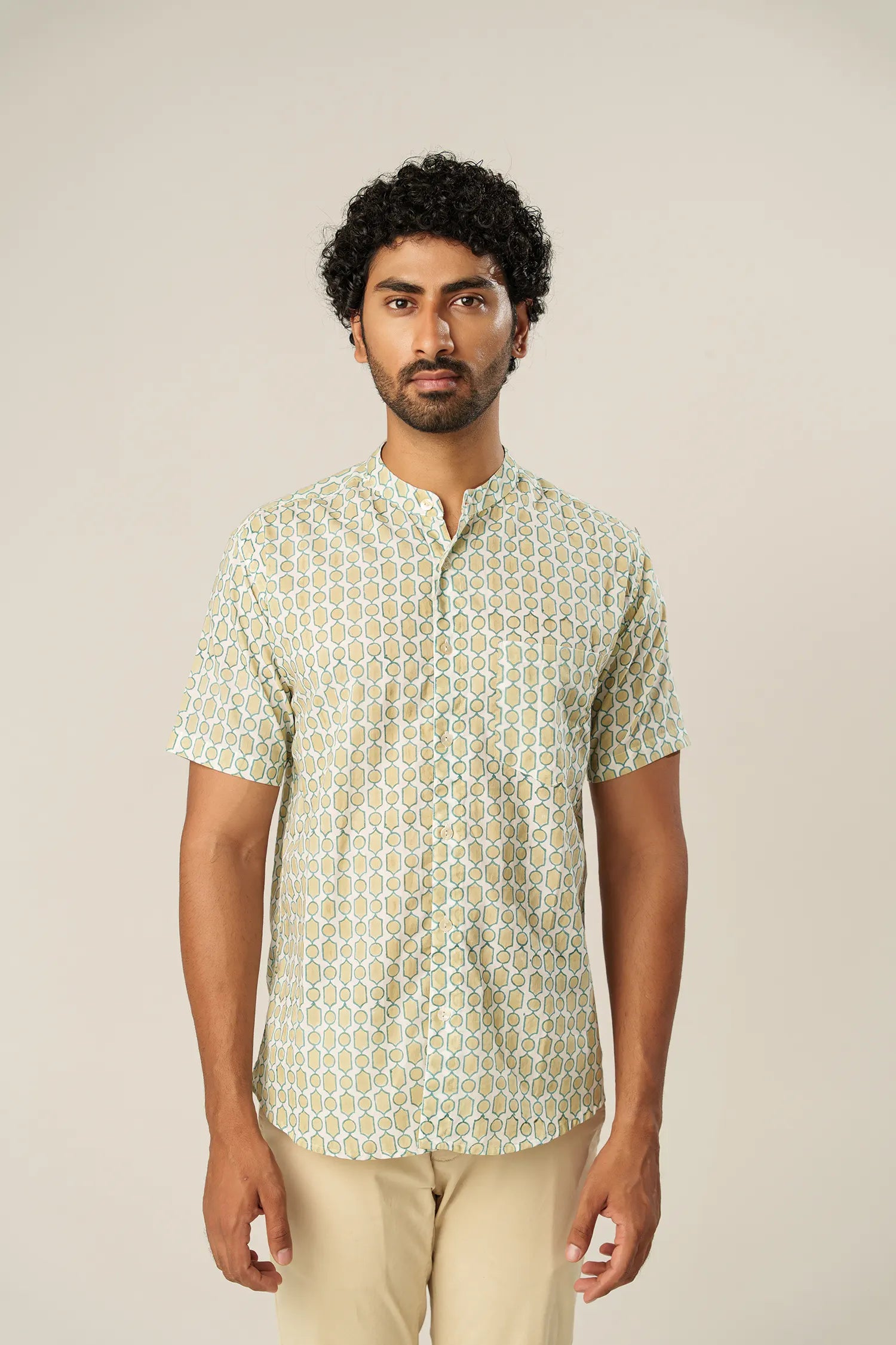 Men’s chinese collar half sleeves hand block printed shirt