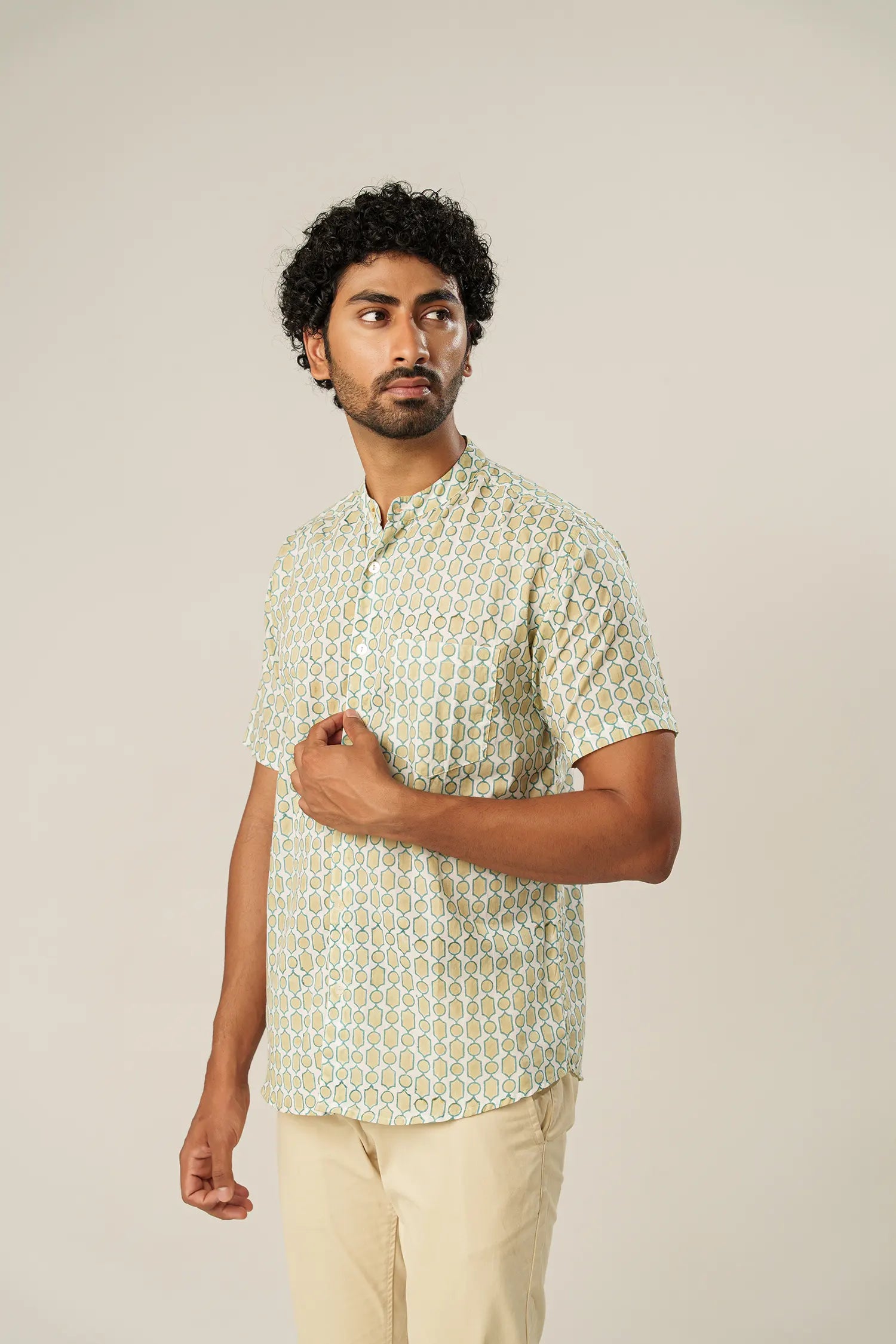 Men’s chinese collar half sleeves hand block printed shirt