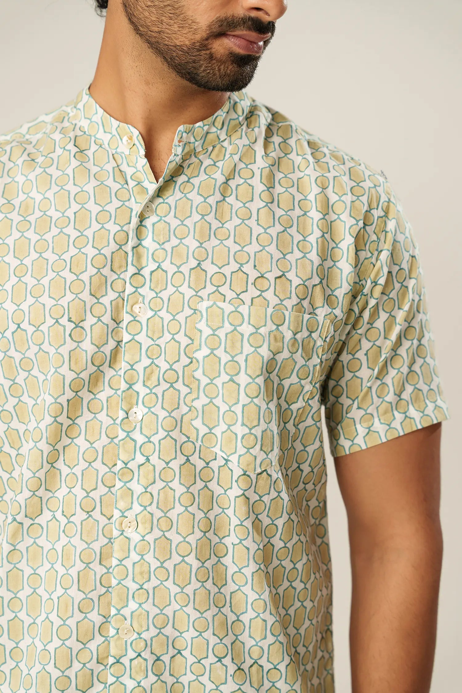 Men’s chinese collar half sleeves hand block printed shirt
