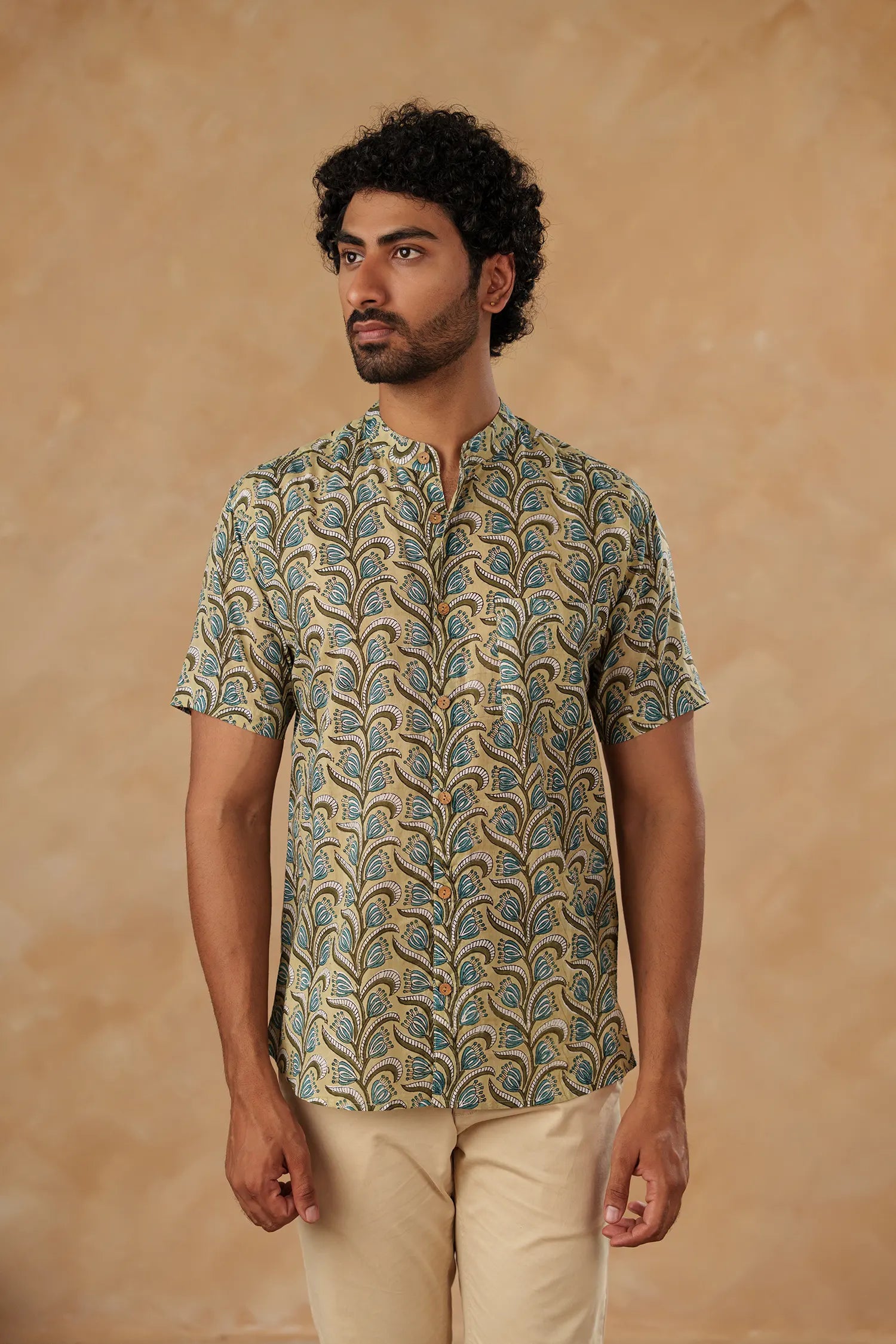 Men’s chinese collar half sleeves hand block printed shirt