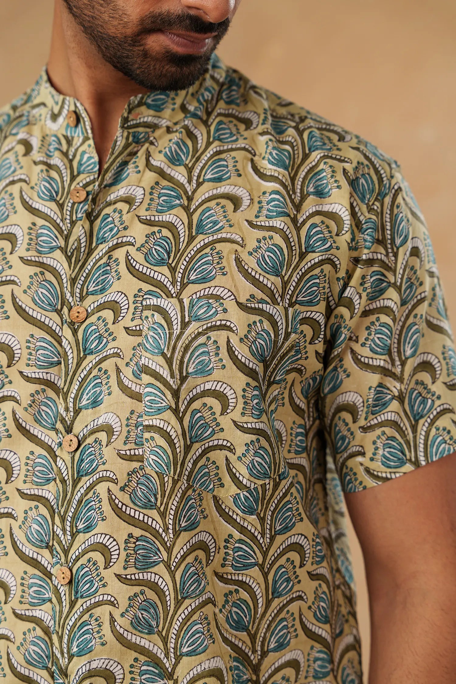 Men’s chinese collar half sleeves hand block printed shirt