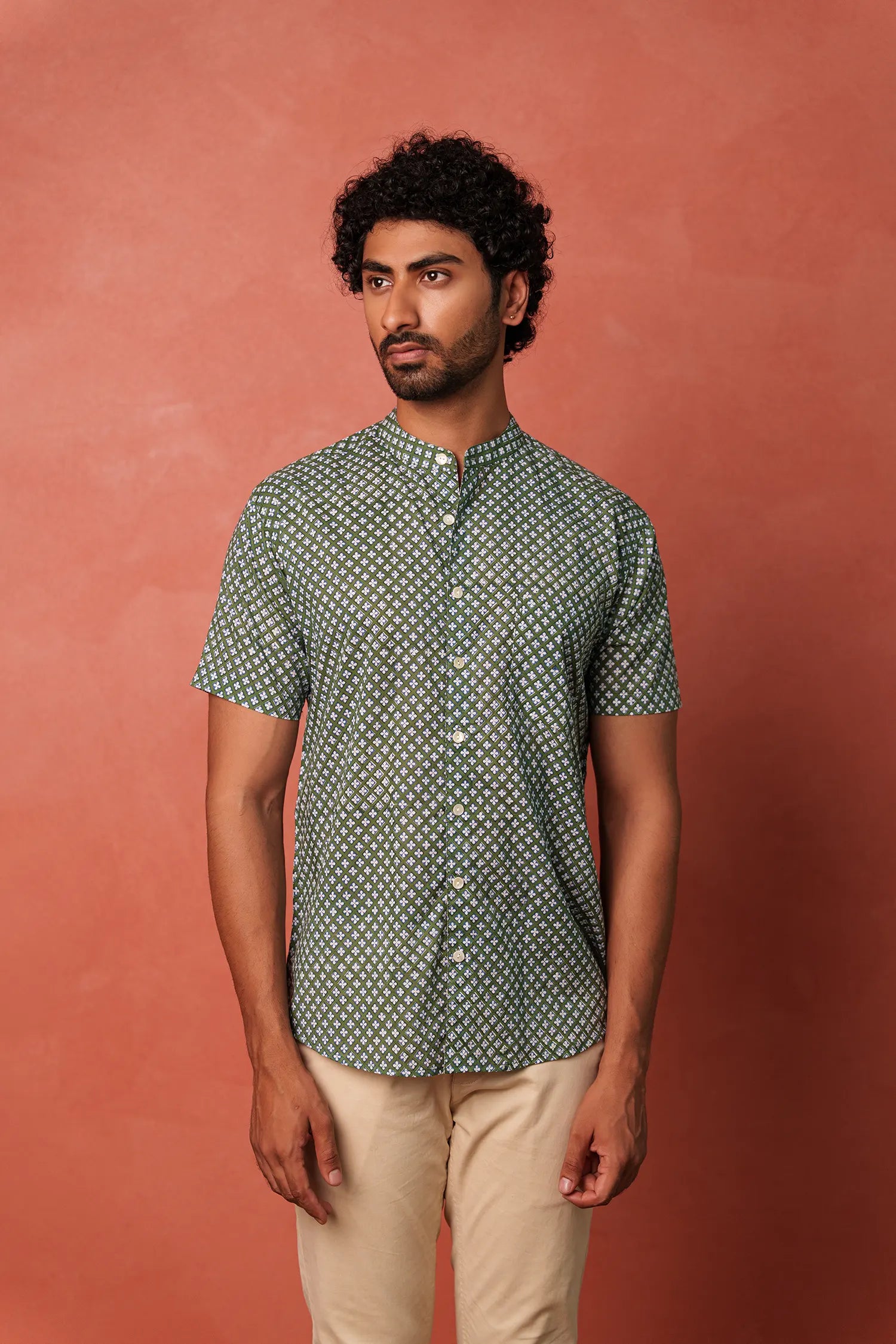 Men’s chinese collar half sleeves hand block printed shirt