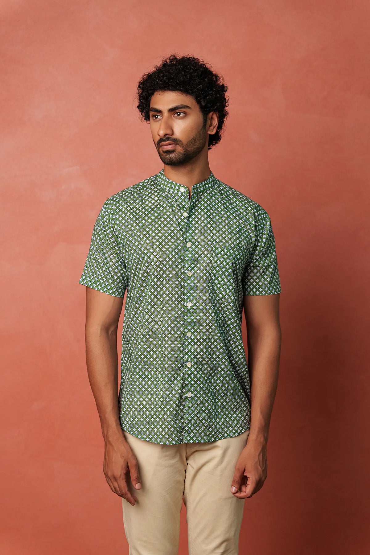 Men’s chinese collar half sleeves hand block printed shirt