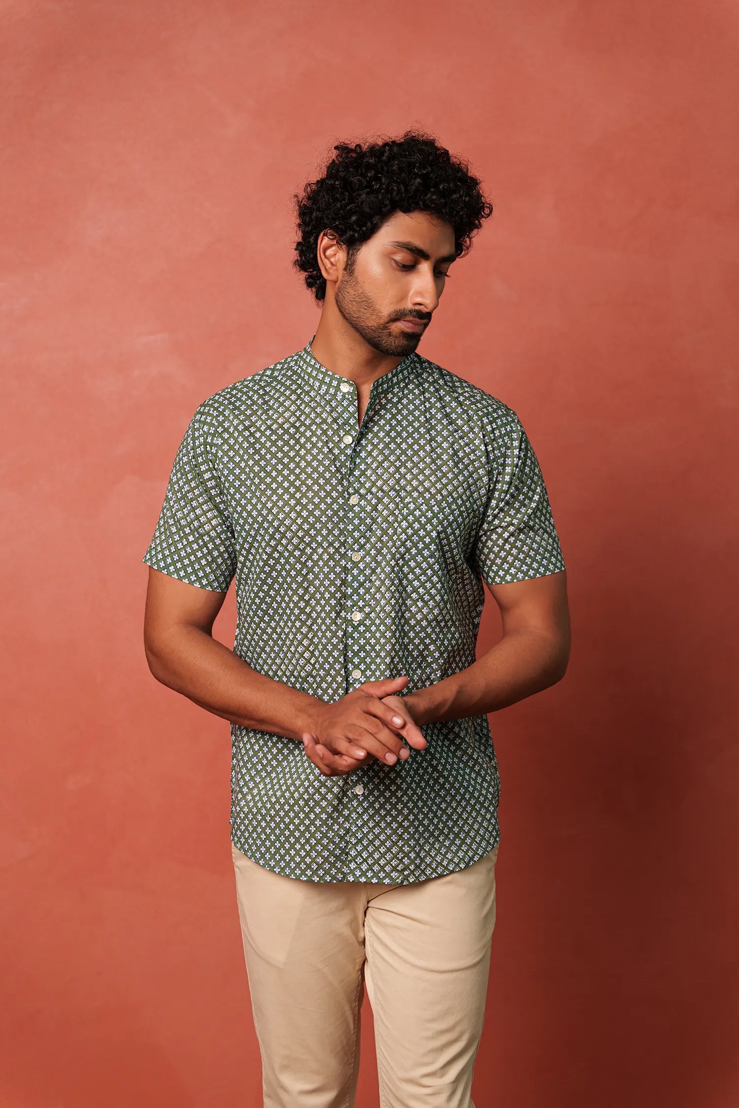 Men’s chinese collar half sleeves hand block printed shirt