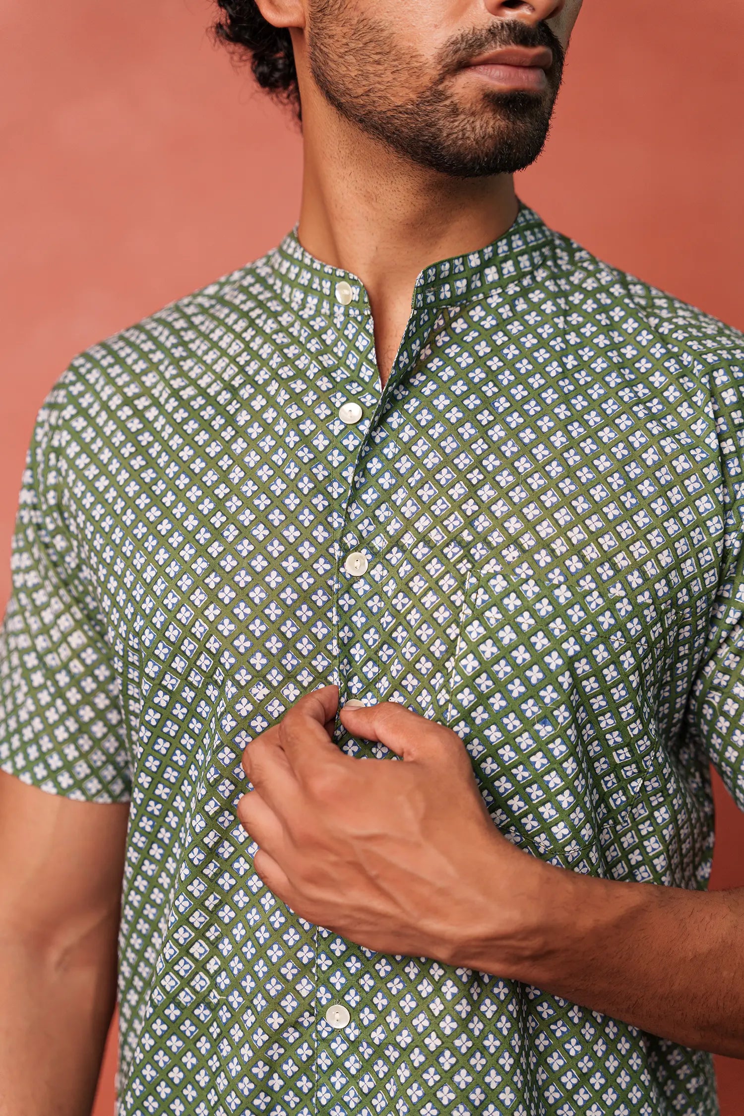 Men’s chinese collar half sleeves hand block printed shirt