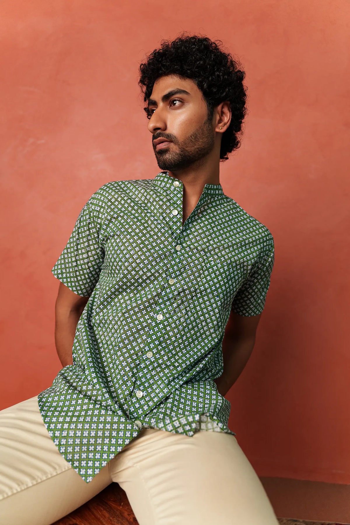 Men’s chinese collar half sleeves hand block printed shirt