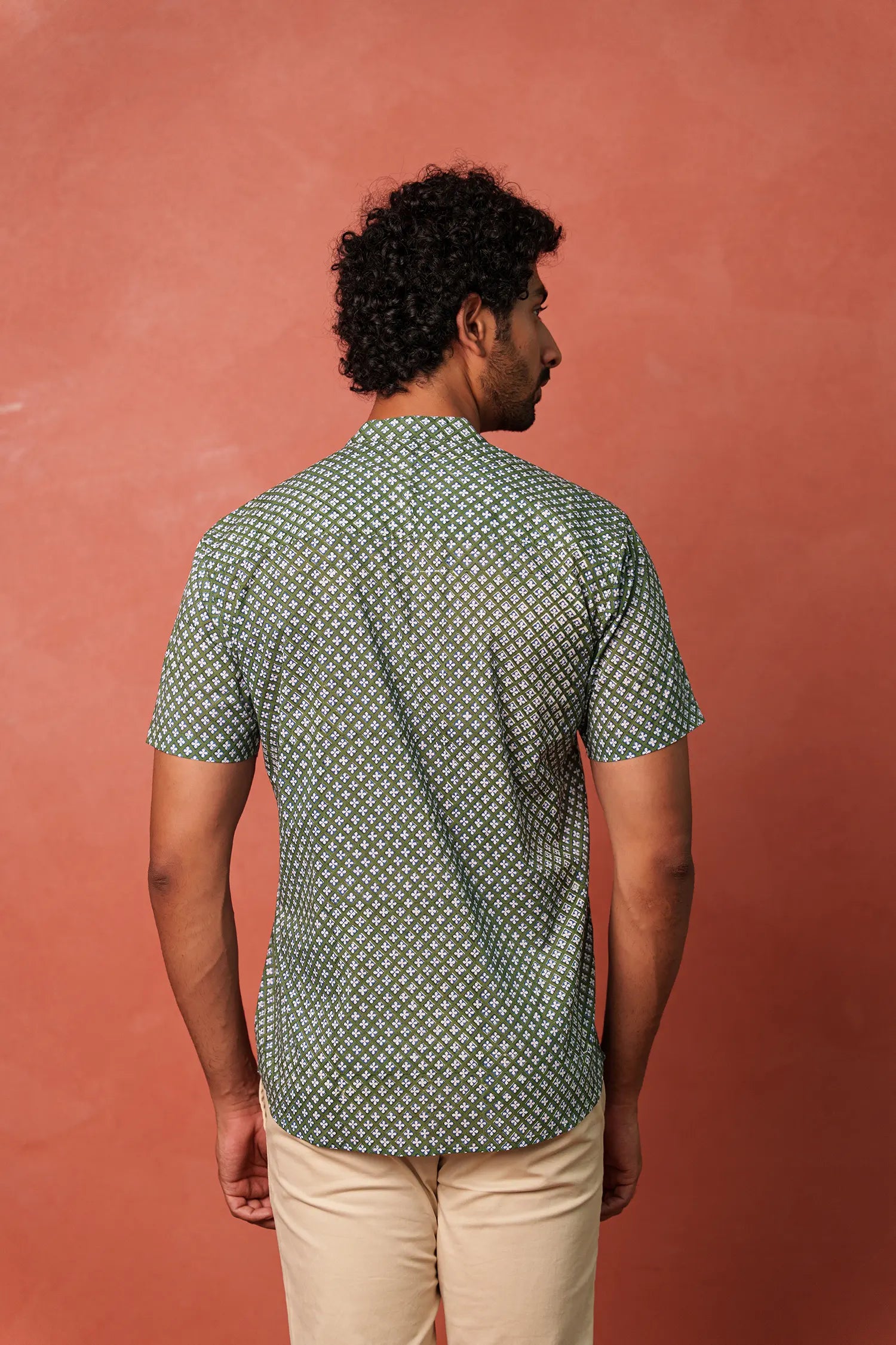 Men’s chinese collar half sleeves hand block printed shirt