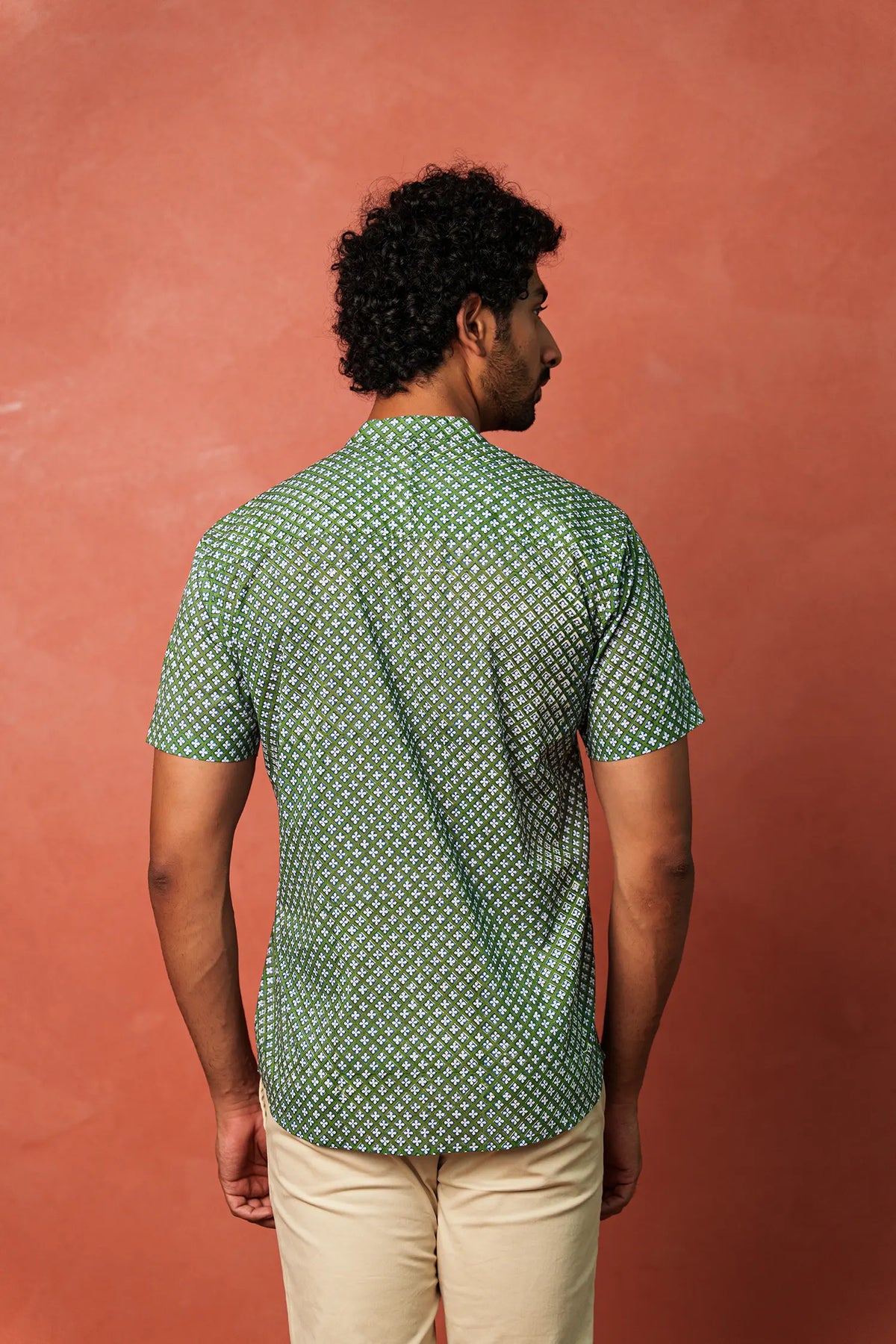 Men’s chinese collar half sleeves hand block printed shirt